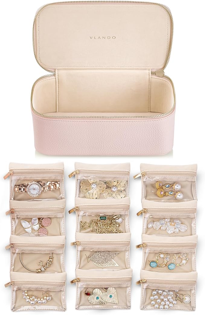 VLANDO Jewelry Box Organzier for Travel,Graduation Gifts for Daughter,Jewelry Case with 12 Pcs Velvet Jewelry Bags for Earrings Necklace Rings,Valentine's Day,Birthday, Wedding Gift for Wome-Pink
