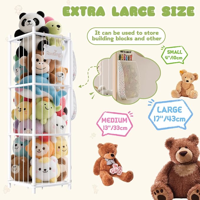 Stuffed Animal Storage & Organizer, 54 inch Tall Wooden Cute Zoo Toy Holder w/Building Block Storage Bag, Premium Wooden Material with Elastic Cord For Toddler Rooms, Playrooms (White, Large)