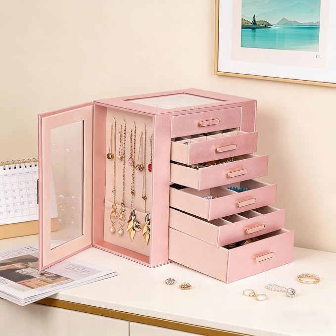 BOOVO Clear Lid Jewelry Box,6 Layers Jewelry Organizer Large Jewelry Storage Box with 6 Drawers,Jewelry Holder Organzier of Rings Earrings Necklace Bracelets for Women (Rose Gold, 6 Layer)
