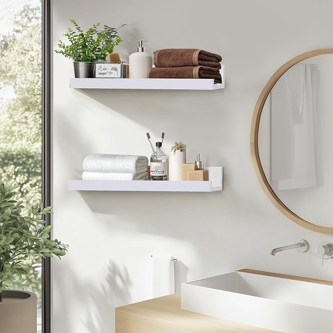 Muzilife 35.4" Large Floating Shelves Wood Wall Shelf with Lip, 2Pcs, White | FSC-Certified Wood | 20 lbs Capacity | Space-Saving | Hanging Shelf | Wall Decor| Bedroom,Living Room,Bathroom,Kitchen,Office