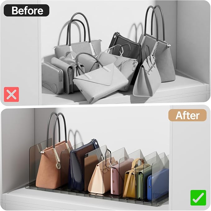 PAVSTINE 2 Pack Adjustable Purse Organizer, Stackable Closet Storage, Black | Adjustable Dividers, Clear Acrylic Handbag Storage Shelf, Keeps Bags & Clutches Upright, Stackable to Save Space, for Bedroom