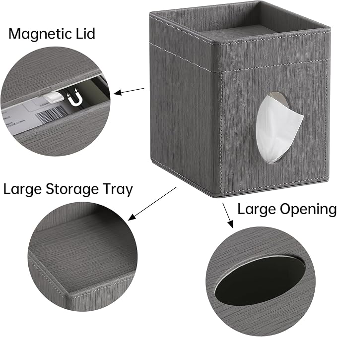 Tissue Box Cover, PU Leather Square Tissue Box Holder with Storage Tray for Bathroom Vanity Countertop Night Stands Bedroom Office Desk, Stylish Tissue Holder Decorative Organizer (Gray)