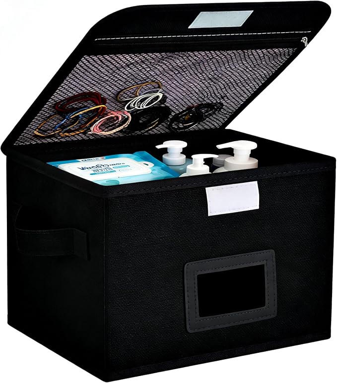 Small Storage Box, Storage Basket with Lid, Foldable Cotton Linen Fabric Keepsake Box, Organizer Container with Zipper for Decorative, Medicine, Greeting Card Organizer. (Black, 1 Pack)