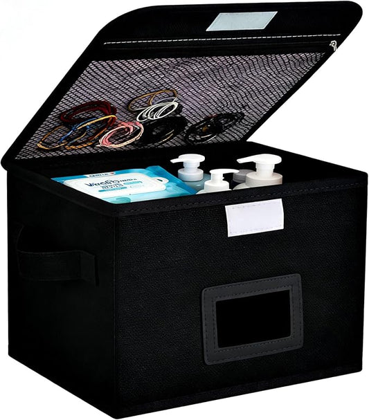 Small Storage Box, Storage Basket with Lid, Foldable Cotton Linen Fabric Keepsake Box, Organizer Container with Zipper for Decorative, Medicine, Greeting Card Organizer. (Black, 1 Pack)