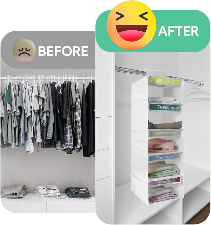 5 Shelf Weekly Hanging Closet Organizer Monday Through Friday Clothes White | Days of The Week Hanging Storage Shelves Foldable, Daily Close Organizer for Kids with 6 Side Pockets