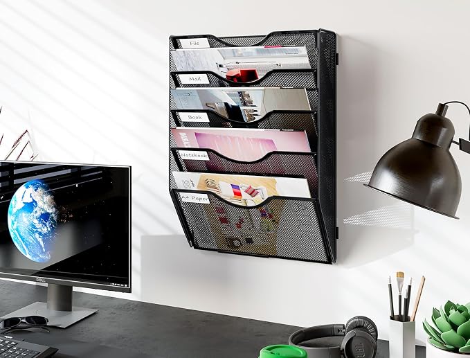 PAG Hanging Wall File Holder, 5 Tier Mail Sorter for Wall, Mesh Office Wall Organizer For Papers/Folders/Files Clipboard & Magazine, Black
