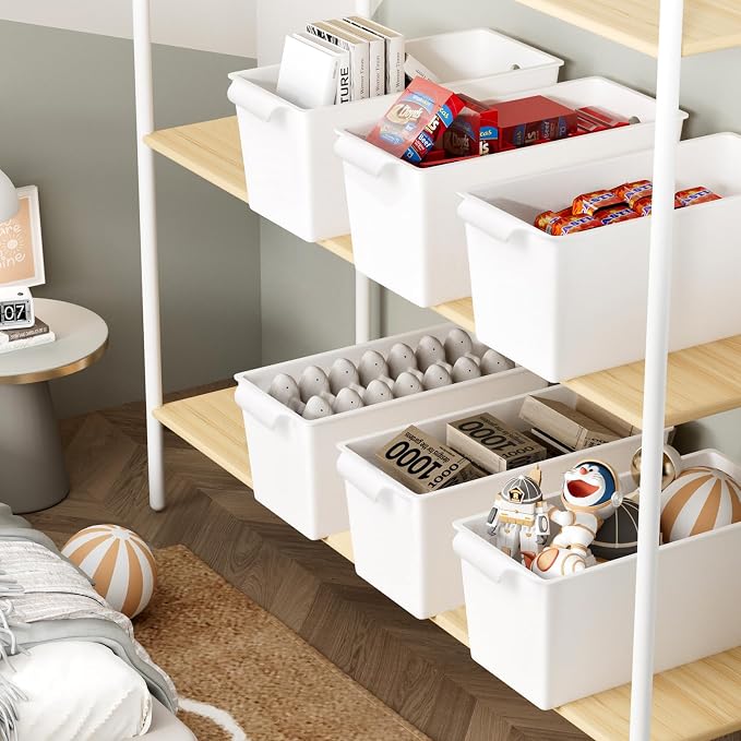 Plastic Storage Bins 6 Pack, Front Handle Design, 11"x5" Pantry Organization and Storage Open Top Baskets for Shelves Closet Cabinet Sink Counter Cupboard Drawer Rridge (White)
