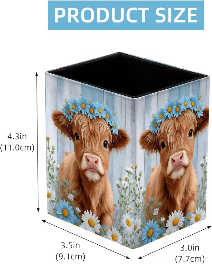 Pen Holder for Desk, Highland Cow Teal White Daisies Rustic Pencil Holder, Pen Cup Functional Desk Organizer for Office Supplies