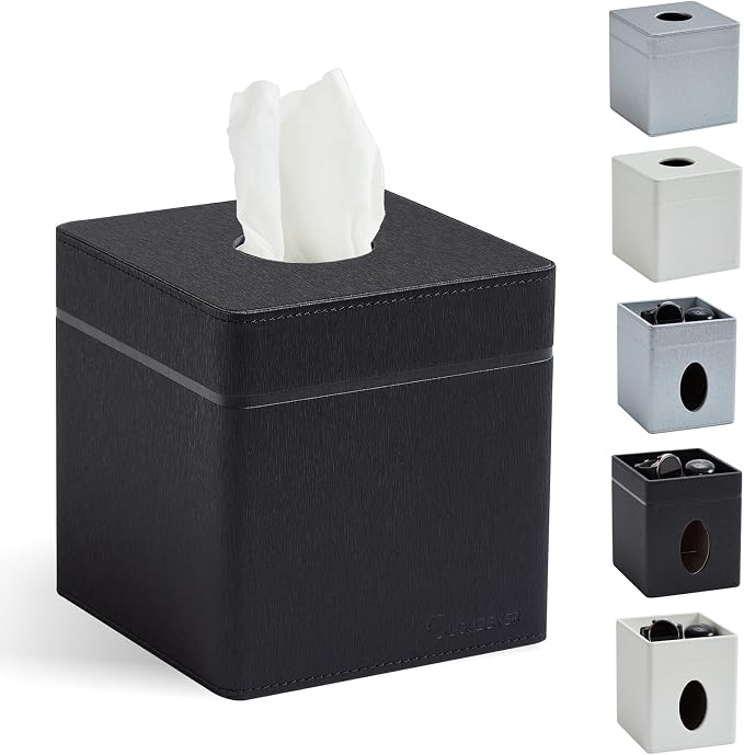 Square Tissue Box Cover Holder with Patented Texture for Kleenex/Puffs Cubes | Desktop & Shelf Decor | Stardust Black/Polar Ice/Liquid Iridium | Patented Metal-Look PU Leather-Stardust Black