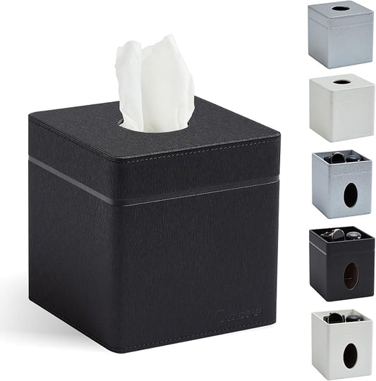 Square Tissue Box Cover Holder with Patented Texture for Kleenex/Puffs Cubes | Desktop & Shelf Decor | Stardust Black/Polar Ice/Liquid Iridium | Patented Metal-Look PU Leather-Stardust Black