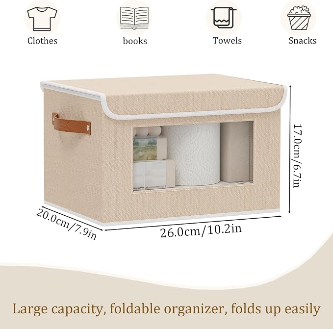 Beige Portable Storage Box,Closet Bin,10.2x7.8x6.7In,5Pack | Decorative Storage Bins with Lids,Shelf Baskets with Handles and Window,Fabric Closet Organizers,Sock Cube Container for Home