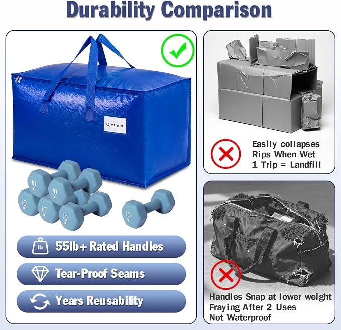 KYODOLED 8 Pack Extra Large Moving Bags with Handles, 24 Gallon Heavy Duty Blue Storage Totes, Waterproof PE Packing Bags for College Move in, Closet Organization & Space Saving, 27x13x15 Inch