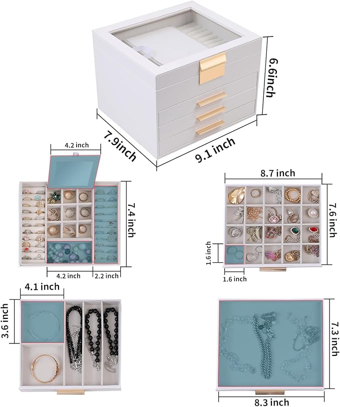 BOOVO Clear Lid Jewelry Box,3 Layers Jewelry Organizer Large Jewelry Storage Box with 2 Drawers,Jewelry Holder Organzier of Rings Earrings Necklace Bracelets for Women (White, 4 Layer)