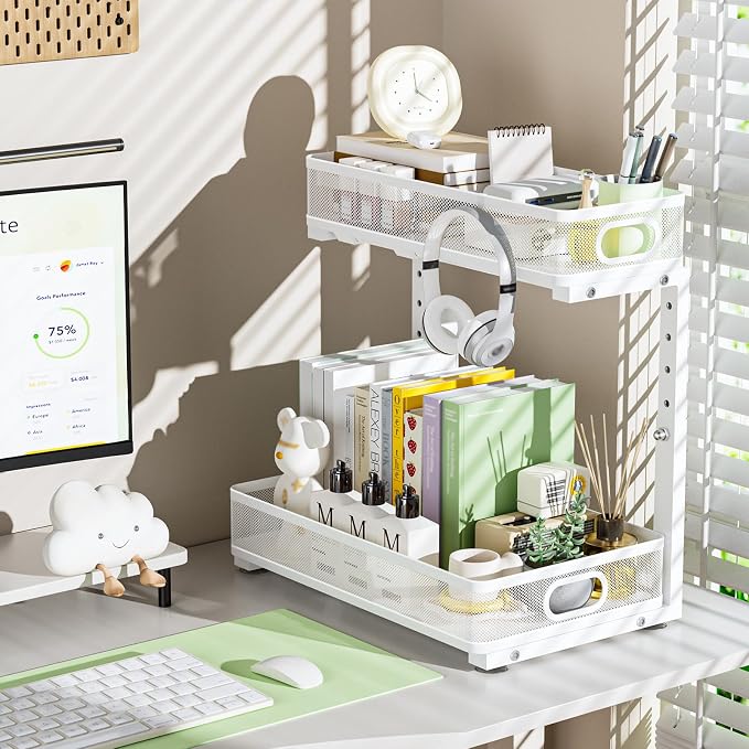 Under Sink Organizer 2 Pack, High Adjustable 2 Tier Under Sink Organizers and Storage, Slide out Metal Cabinet Organizers, Pull out Storage Drawer Shelf for Kitchen Bathroom Cabinet (White-1 pack)
