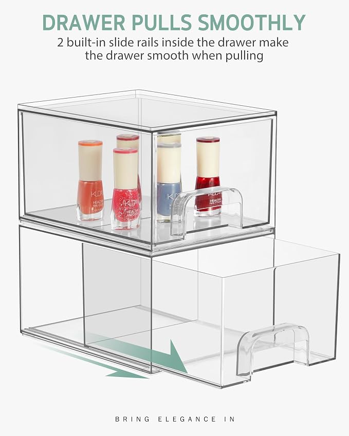 Syntus 3 Piece Set Stackable Makeup Organizers, 4.4'' Tall Acrylic Drawer Organizer, Clear Plastic Cosmetics Storage Drawers for Vanity, Undersink, Bathroom Organizer, Skincare, Kitchen Cabinets