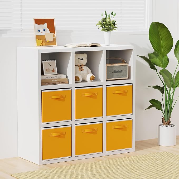 MAX Houser Fabric Cloth Storage Bins,Foldable Storage Cubes Organizer Baskets with Dual Handles for Home Bedroom Storage,Set of 6(Yellow)