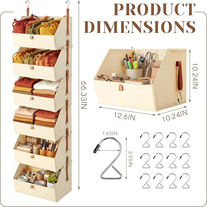 Hanging Closet Organizer 6 Tier Clothes Hanging Shelves with Hooks Zipper, Fabric Storage Bins Space Saving Closet System Collapsible Basket for Sweater Handbags, Laundry Bedroom Rv Dorm Home