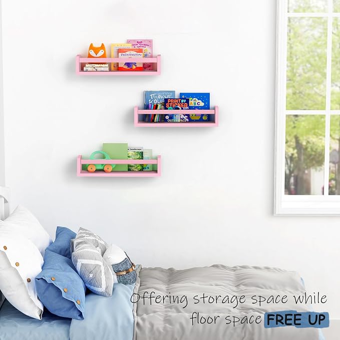 Harwaya Pink Nursery Floating Shelves for Wall Set of 3, Baby Girls Room Wall Book Shelves for Kids Bedroom, Corner Bookshelf for Toddler Children Bathroom Decor and Toys Organizers and Storage