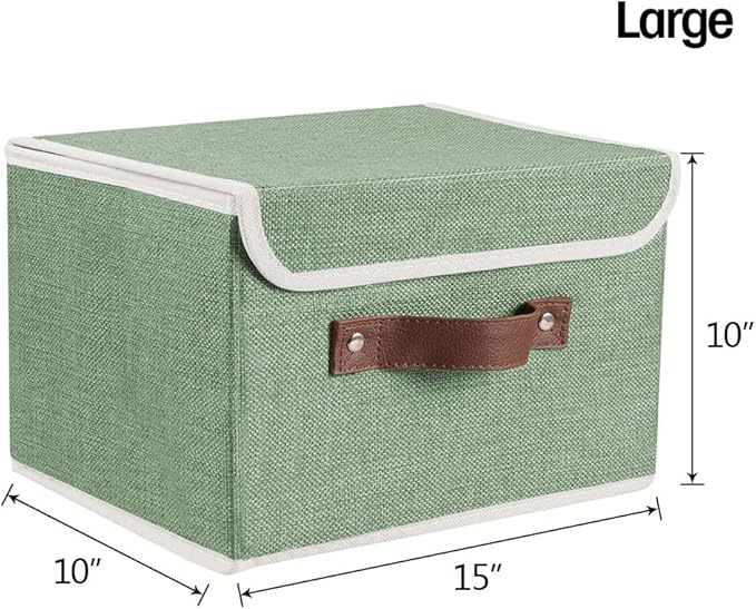 2Pack Storage Bins Boxes with Lids 15"x10"x10" Decorative Storage Baskets | Cotton Linen Fabric, Collapsible, Faux Leather Handles, Storage Cubes, Closet Shelf Clothes Organizer Container, Green