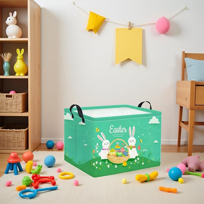 Rectangular Easter Basket for Home Kitchen Baby Girls Basket Cute Storage Bin Organizer Shelf Book Room Decor(Green Cute Bunny)