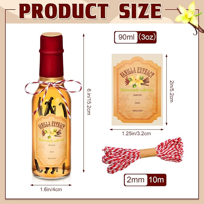 Tioncy 16 Pcs Empty Vanilla Extract Bottles for Homemade Vanilla Jar Glass Bottle with Cap, Shrink Band, Sticker DIY Crafts Wedding Gift Food Storage Canister for Bean(Red,3 oz)