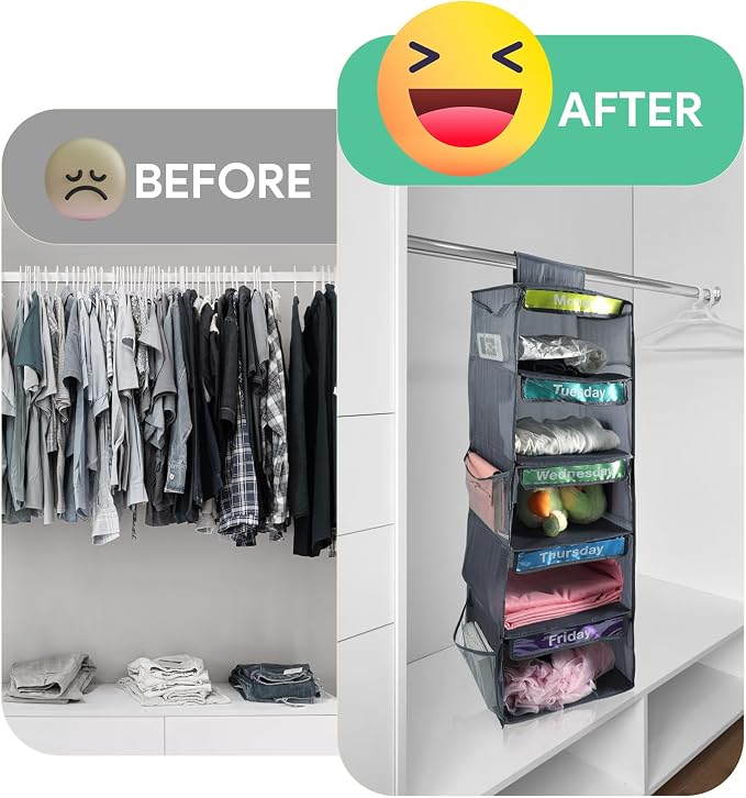 5 Shelf Weekly Clothes Organizer for Kids Daily (Grey) | Days of The Week Clothes Organizer Kid Outfit, Weekday Hanging Closet Shelves with 6 Side Pockets Monday Through Friday