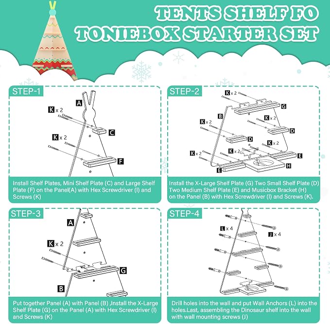 Tent for Tonies Box 1/2 Tonies Figures Organizer Storage Shelf Wall Mounted, Magnetic Display Collection 30~40 Characters Floating Shelves Storage Player