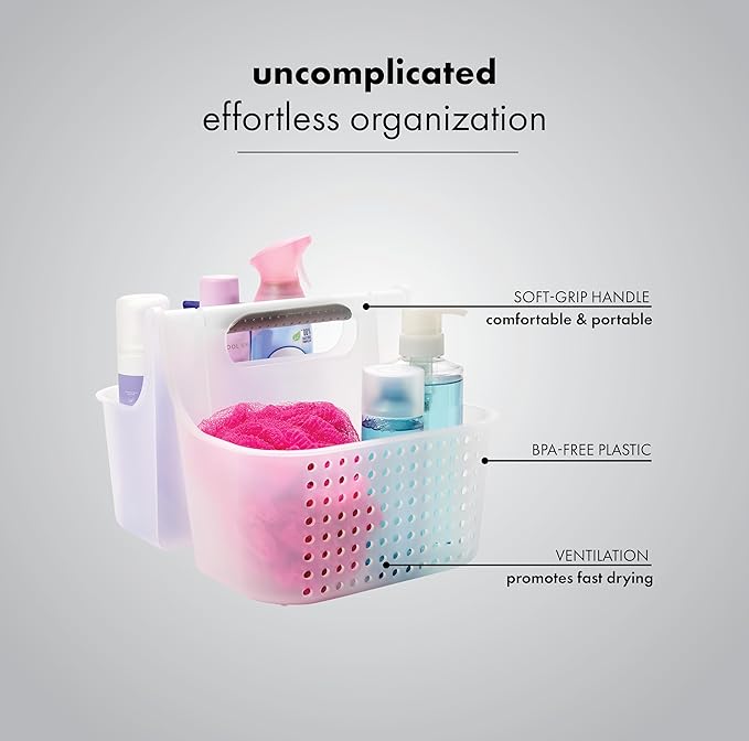 madesmart Large Portable Shower Caddy, Hold Soap, Shampoo, Hair Supplies and Beauty Products, Cleaning Supplies Organizer for Home, Dorm, Plastic Shower Tote, Soft Handle, Frost