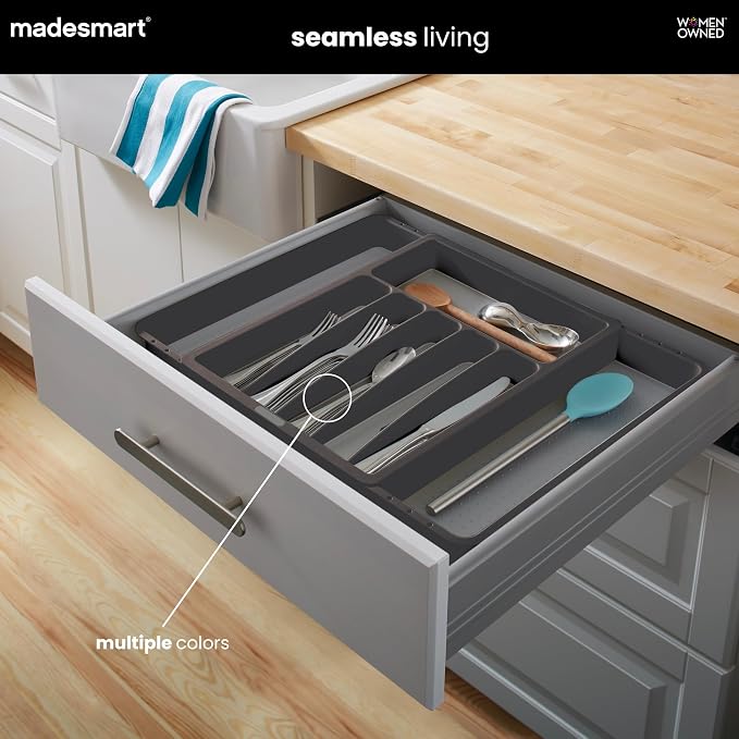 madesmart Silverware White Expandable Tray Classic Collection | 8-Compartments | Icons to Help sort Flatware, Cutlery, Utensils | Soft-Grip Lining | BPA-Free