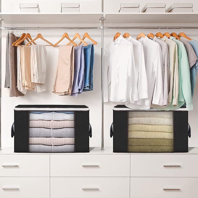 90L Large Storage Bags, 4 Pack Clothes Storage Bins Closet Organizers | Foldable Storage Containers, with Reinforced Handle, for Clothing, Blanket, Comforters, Bed Sheets, Pillows and Toys,Black