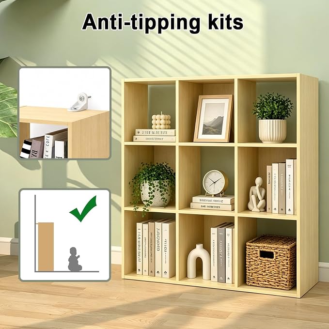 9 Cube Shelf Bookcase, Oak 11in | Anti-Tipping Kits, Reversible Open Back, Multi Layer Multi Grid Partition Layout