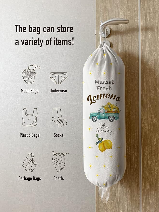 Hglian Farmhouse Grocery Bag Holder Cute Market Fresh Lemons Buffalo Check Truck Plastic bag Storage Organizer