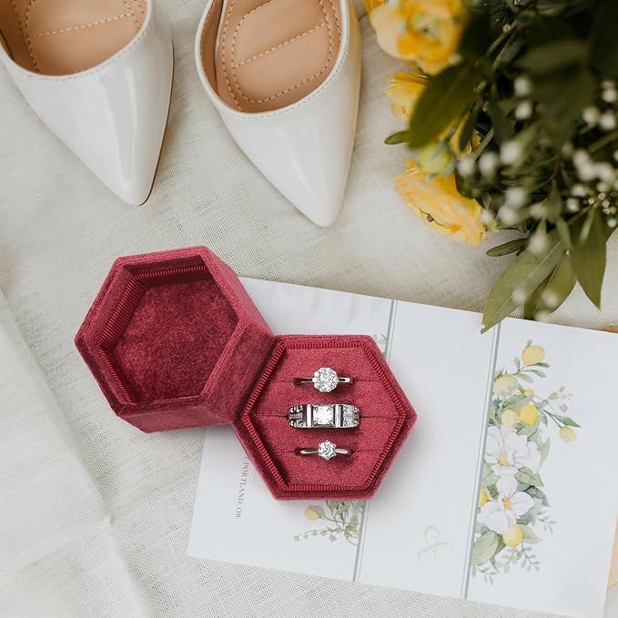 WantGor Velvet Jewelry Ring Box, 3 Slots Hexagon Ring Gift Box Ring Holder | Vintage Ring Display Case for Wedding Ceremony Proposal Engagement (Burgundy, 3 Slots)