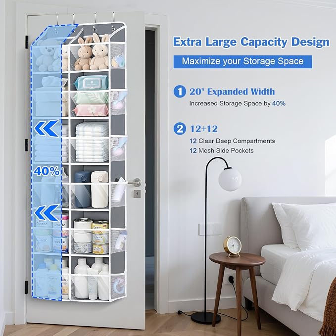 Univivi Over the Door Organizer, 6 Tiers Behind Door Storage with Clear Deep Pockets Hanging Organizer for Closet, Bedroom, Nursery, Bathroom and Sundries (Grey)