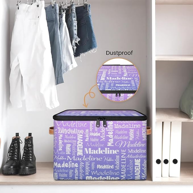 Custom Storage Basket with Name, Personalized Keepsake Box with Zipper Lid, Foldable Fabric Memory Bin Large capacity with Handle Purple