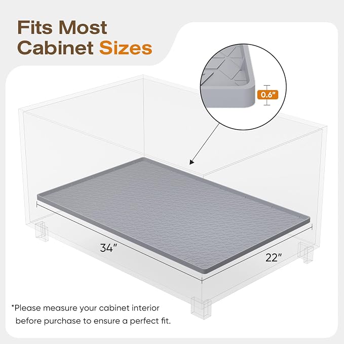 TRZZ Silicone Waterproof Under Sink Mat 34" x 22", Drip Tray and Cabinet Liner for Kitchen and Bathroom, Prevents Water Damage and Organizes Cabinets (Light Grey)