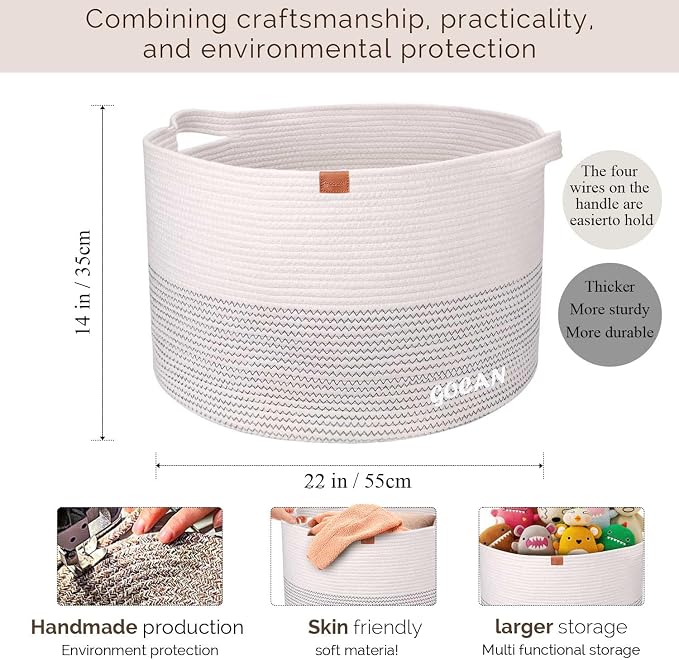 GOCAN Extra Large Laundry Basket 22" X 22"X 14" XXXL Cotton Rope Woven Basket for Blankets Storage Basket with Handles for Living Room (Beige)
