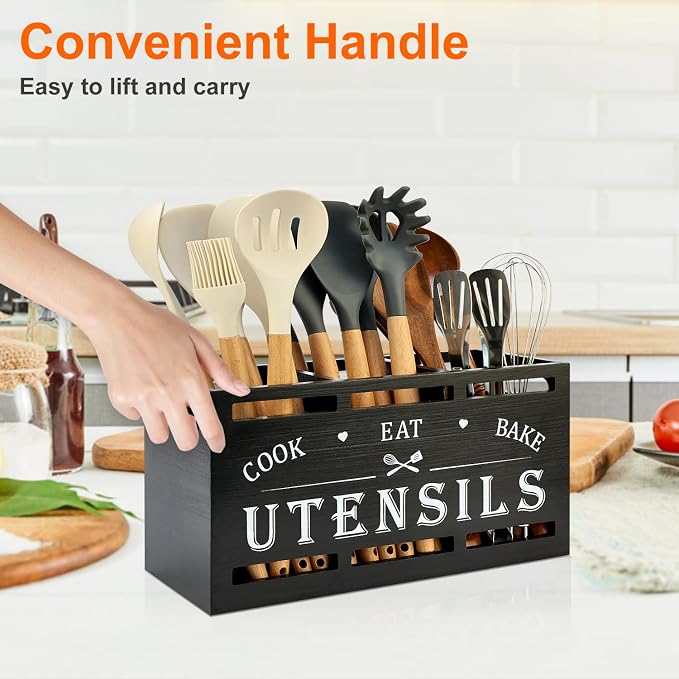 Large Black Wood Utensil Holder for Kitchen Decor Spoon Spatula Organizer | Wooden Cooking Utensils Holder for Kitchen Countertop Silverware Caddy Farmhouse Utensil Crock Big Kitchen Tools Spoon Holder