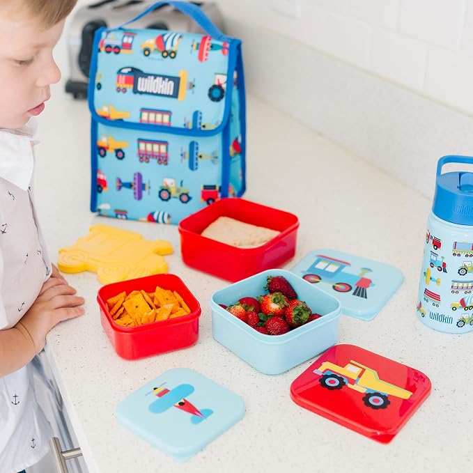 Wildkin Set of 3 Kids Nesting Food Containers for Boys – Stackable, Airtight & BPA-Free Snack Containers, Dishwasher Safe Lunch Box Containers for School & Travel, Ages 3–12 – Trains, Planes & Trucks