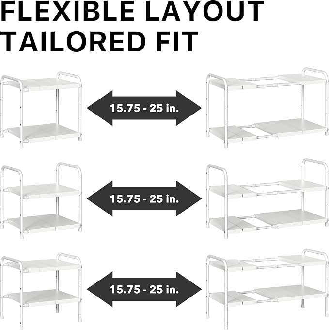 Simple Houseware Under Sink 2 Tier Expandable Heavy Duty Metal Shelf Organizer Rack, White (Expand from 15 to 25 inches)