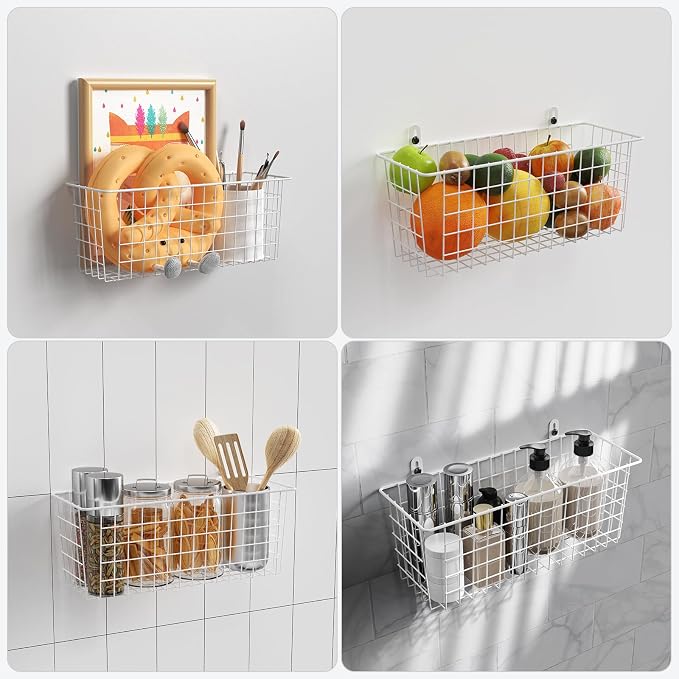 MaraFansie [Extra Large Wire Basket 2-Pack Hanging Wall Organizer Cabinet Storage Basket Wall Mounted Shelves Rustic Farmhouse Decor for Home Kitchen Bathroom, White