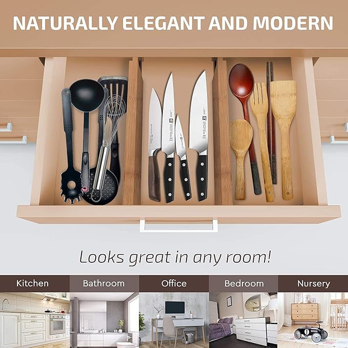Bamboo Drawer Dividers 6 Pack - Adjustable 16-22 Inch Spring Loaded Deep Drawer Organizer Separators, 2.6 Inch High Non Slip Bamboo Dividers for Kitchen, Dresser, Clothes, Utensils, Bathroom, Office