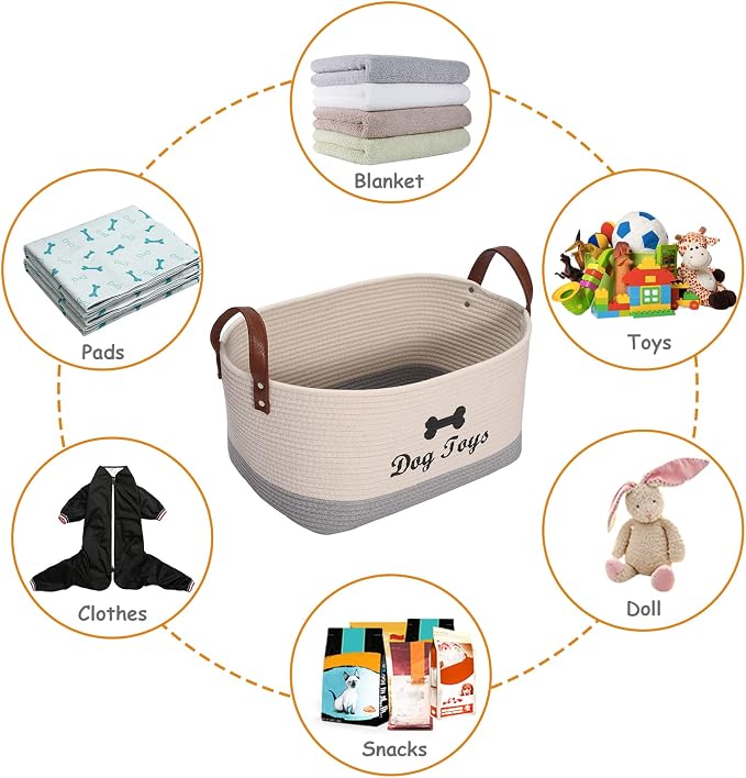 Geyecete X-Large Cotton Rope Dog Basket with Leather handle Blanket Storage Basket Decorative Clothes Hamper Basket | Extra Large Baskets for Blankets or Laundry-Beige/Gray