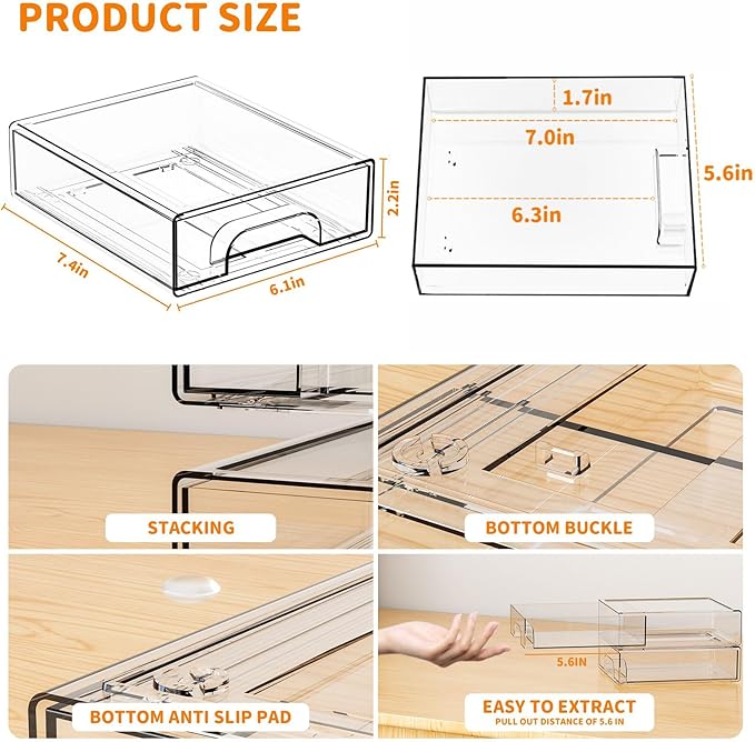 Yieach 4 Pack Small Clear Stackable Storage Drawers,2.2'' Tall Desk Organization and Storage,Plastic Office Supply Organizer,Acrylic Storage Containers for Makeup,Hair Clip,Accessory,Pen,Art Crafts