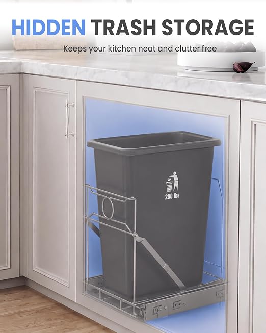 Pull Out Trash Can Cabinet Organizer, Stainless Steel Trash Can Slider for Kitchen Cabinet, Under Sink Slide Out Trash Can Rack for 7-11 Gallon Bins, Silver, Bin Not Included