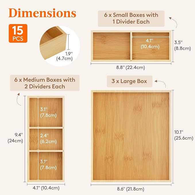 Lifewit Drawer Organizer 15 Pack(33 Grid) with 18 Inserts, Wooden Adjustable Desk Drawer Divider Trays, Storage Bins for Makeup, Kitchen Utensils, Vanity Accessories in Office/Bathroom/Bedroom
