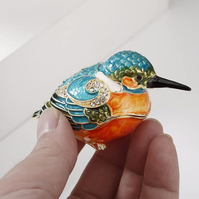 Hand Painted Enamel Kingfisher Trinket Box for Home Decor, Hinged Jewelry Organizer for Ring Earrings, Unique Figurine Keepsake Collectible Personalized Handmade Ornament Gifts (Blue Kingfisher)