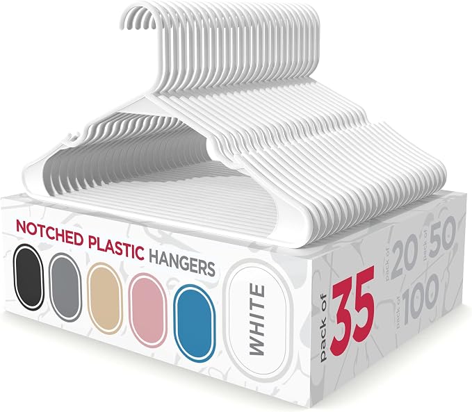 Sharpty Plastic Clothes Hangers – Notched Hangers for Clothes – Space Saving Adult Hangers for Shirts, Dresses, Coats & Pants – Lightweight Closet Organization (35 Pack, White)