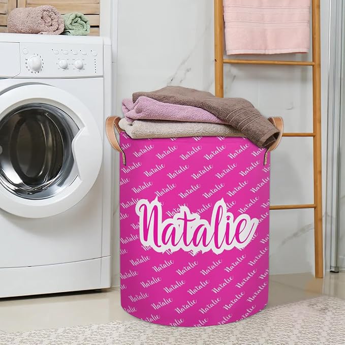 Personalized Laundry Basket, Custom Gift Laundry Hamper, Collapsible Nursery Waterproof Laundry Baskets, Dirty Clothes Toy Hamper with Handles Name Hot Pink