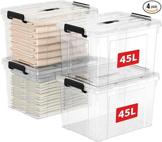 Cetomo Lidded Storage Bin with Handle, Tote Organizing Container with Durable Lid and Secure Latching Buckles, Stackable and Nestable, Plastic, 50 Quart-4 Pack, Clear